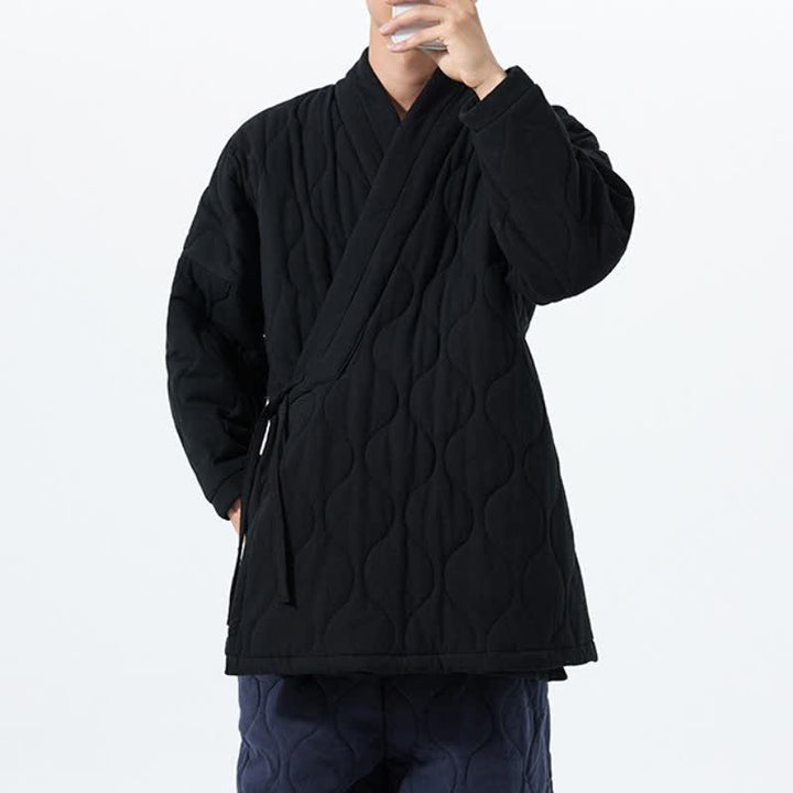 Buddha Stones Fall Winter Casual Tang Style Drawstring Quilted Solid Cotton Men's Kimono With Pockets - image 20