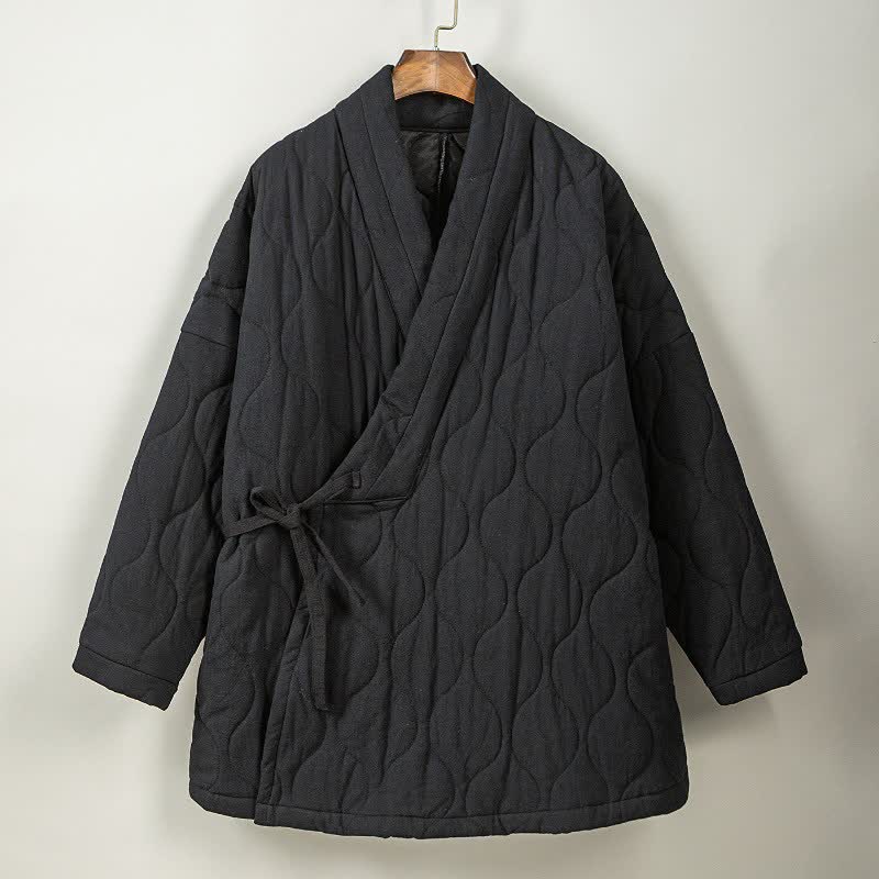 Buddha Stones Fall Winter Casual Tang Style Drawstring Quilted Solid Cotton Men's Kimono With Pockets - image 26