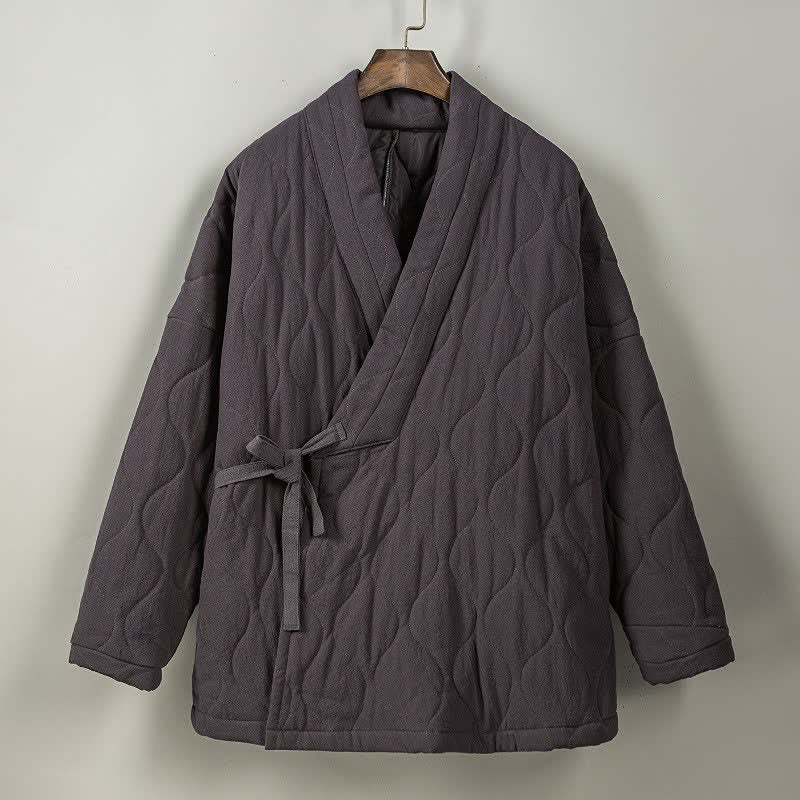 Buddha Stones Fall Winter Casual Tang Style Drawstring Quilted Solid Cotton Men's Kimono With Pockets - image 18