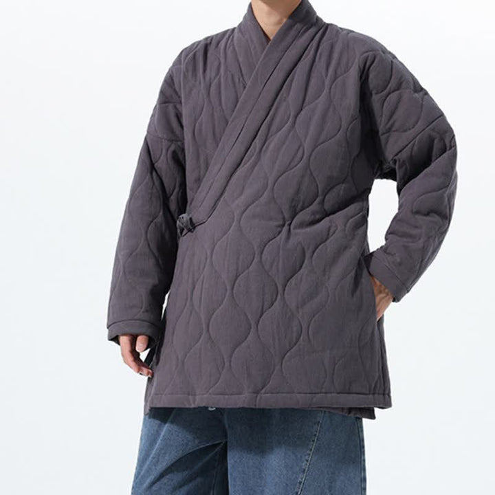 Buddha Stones Fall Winter Casual Tang Style Drawstring Quilted Solid Cotton Men's Kimono With Pockets - image 16
