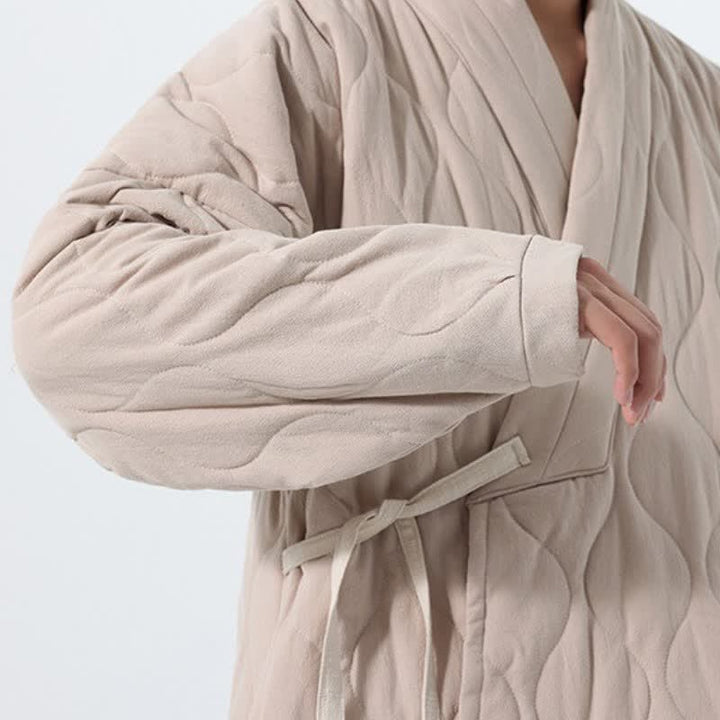 Buddha Stones Fall Winter Casual Tang Style Drawstring Quilted Solid Cotton Men's Kimono With Pockets - image 38