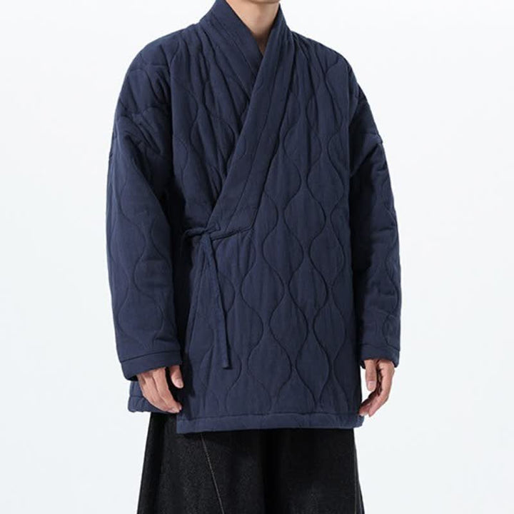 Buddha Stones Fall Winter Casual Tang Style Drawstring Quilted Solid Cotton Men's Kimono With Pockets - image 1