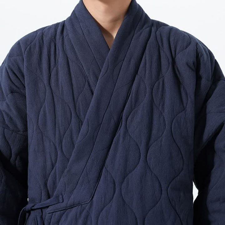 Buddha Stones Fall Winter Casual Tang Style Drawstring Quilted Solid Cotton Men's Kimono With Pockets - image 10