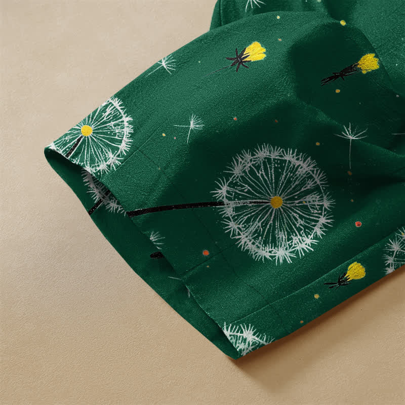 Buddha Stones Pure Cotton Dandelion Bloom Pattern Frog Button Women's Elastic Waist Harem Pants With Pockets - image 3