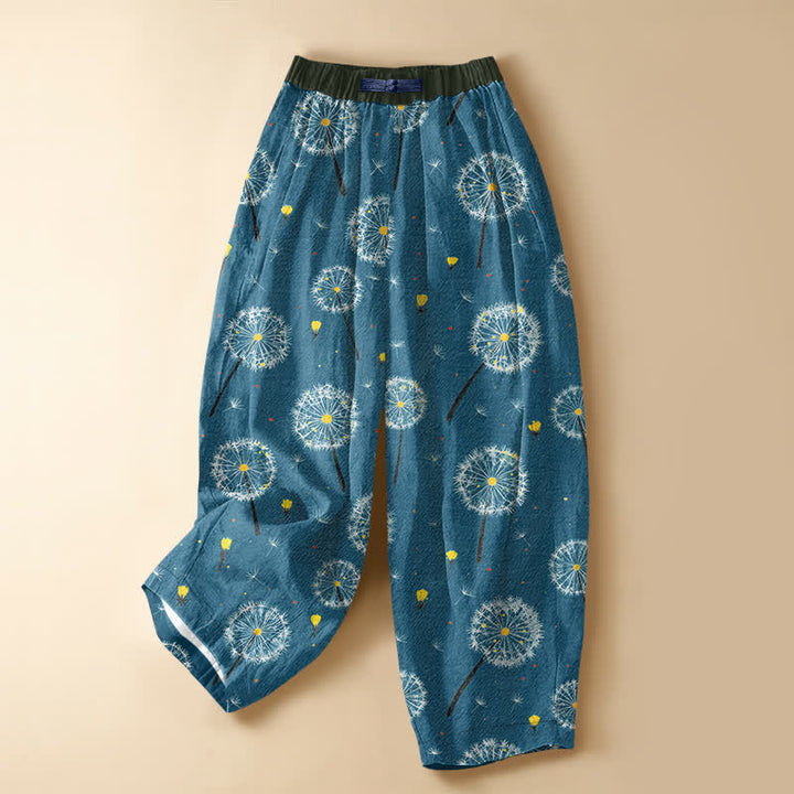 Buddha Stones Pure Cotton Dandelion Bloom Pattern Frog Button Women's Elastic Waist Harem Pants With Pockets - SteelBlue - US16，UK/AU20，EU48 (3XL) - image 7