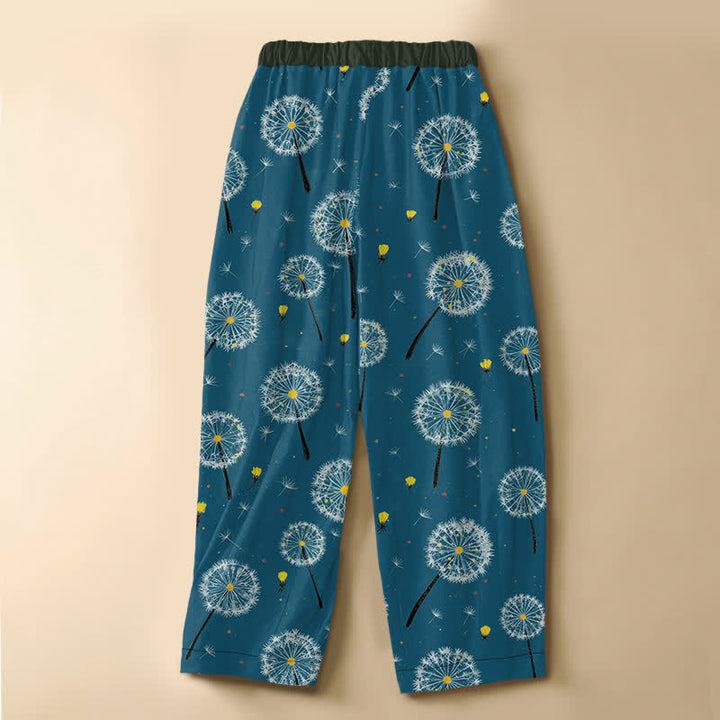 Buddha Stones Pure Cotton Dandelion Bloom Pattern Frog Button Women's Elastic Waist Harem Pants With Pockets - image 8