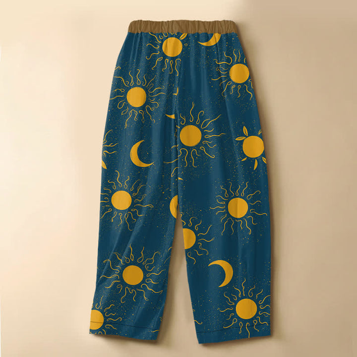 Buddha Stones Pure Cotton Celestial Sun Moon Pattern Frog Button Women's Elastic Waist Harem Pants With Pockets - image 8