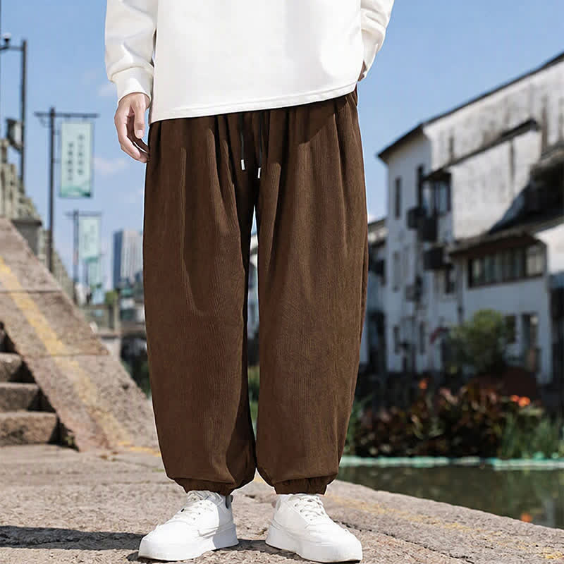 Buddha Stones Winter Basic Classic Drawstring Solid Cropped Pants Corduroy Men's Harem Pants With Pockets - image 3