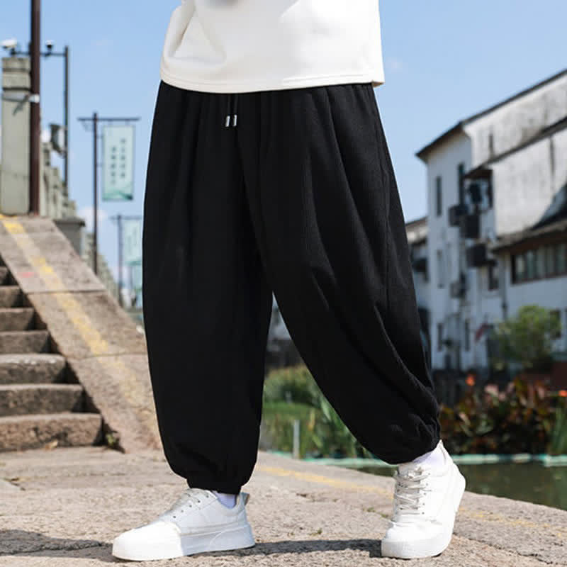 Buddha Stones Winter Basic Classic Drawstring Solid Cropped Pants Corduroy Men's Harem Pants With Pockets - image 13