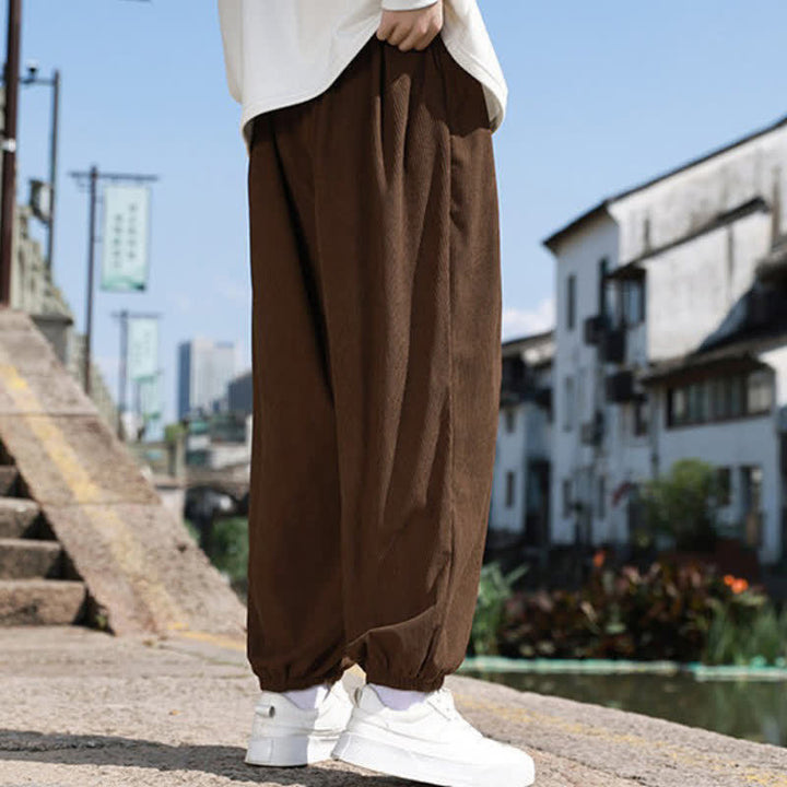Buddha Stones Winter Basic Classic Drawstring Solid Cropped Pants Corduroy Men's Harem Pants With Pockets - image 4