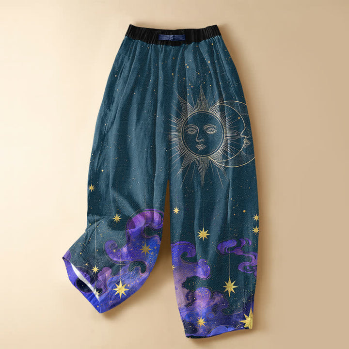 Buddha Stones Pure Cotton Celestial Sun Moon Starry Sky Pattern Frog Button Women's Elastic Waist Harem Pants With Pockets - Teal - US16，UK/AU20，EU48 (3XL) - image 5