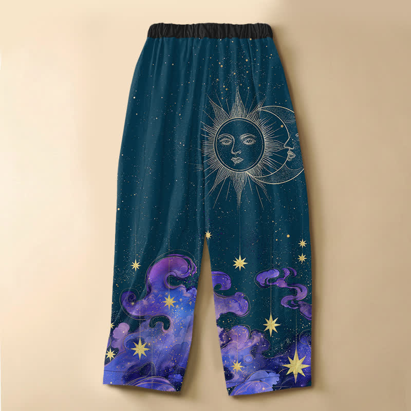 Buddha Stones Pure Cotton Celestial Sun Moon Starry Sky Pattern Frog Button Women's Elastic Waist Harem Pants With Pockets - image 6