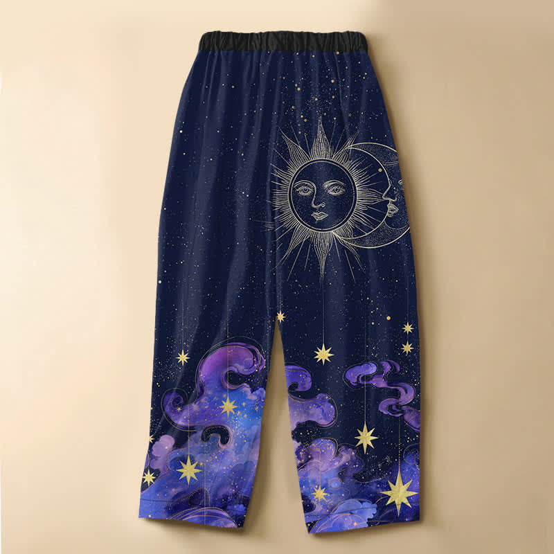 Buddha Stones Pure Cotton Celestial Sun Moon Starry Sky Pattern Frog Button Women's Elastic Waist Harem Pants With Pockets - image 8