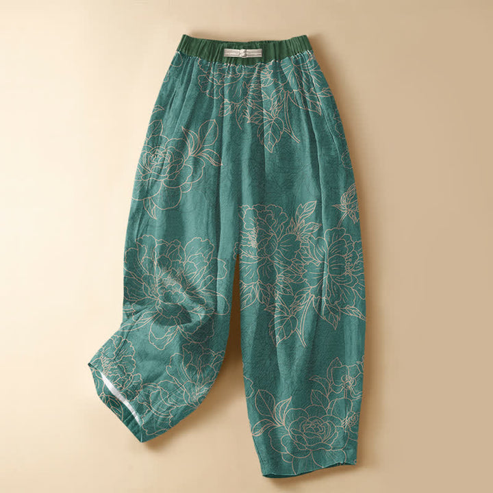 Buddha Stones Pure Cotton Vintage Botanical Bloom Pattern Frog Button Women's Elastic Waist Harem Pants With Pockets - DarkTurquoise - US16，UK/AU20，EU48 (3XL) - image 0