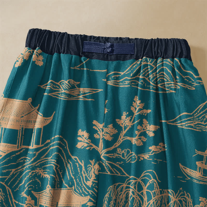 Buddha Stones Pure Cotton Vintage Landscape Pavilion Pattern Frog Button Women's Elastic Waist Harem Pants With Pockets - image 2