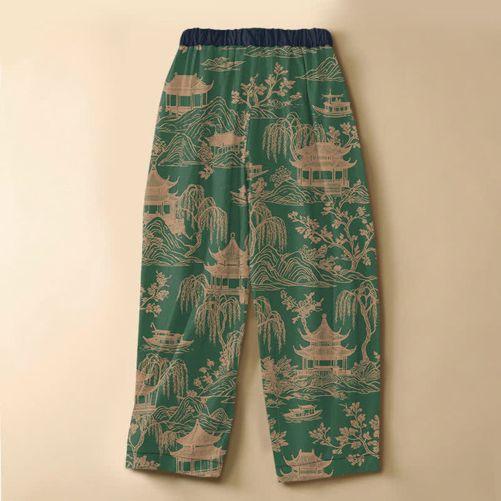 Buddha Stones Pure Cotton Vintage Landscape Pavilion Pattern Frog Button Women's Elastic Waist Harem Pants With Pockets - image 8