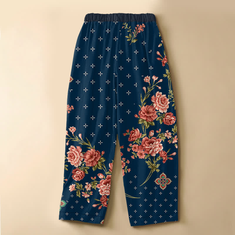 Buddha Stones Pure Cotton Vintage Floral Geometric Pattern Frog Button Women's Elastic Waist Harem Pants With Pockets - image 1