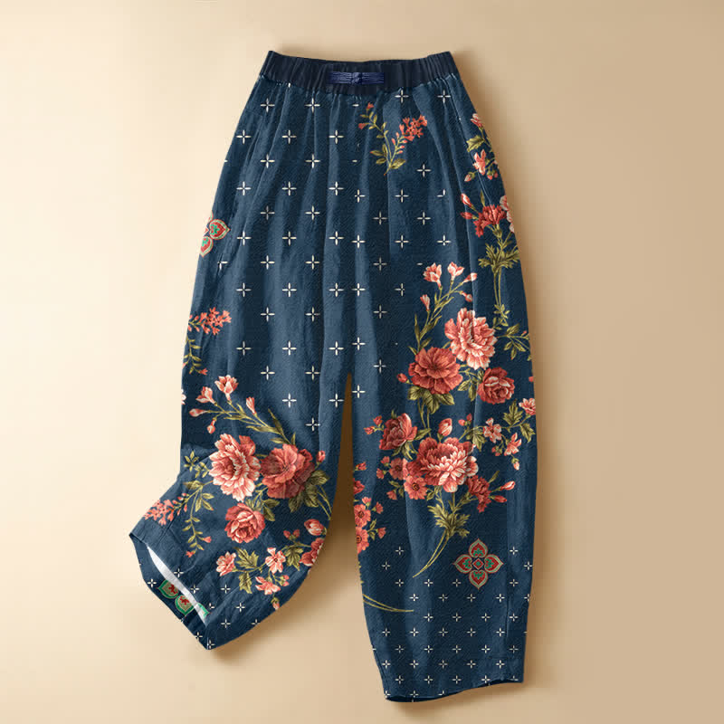 Buddha Stones Pure Cotton Vintage Floral Geometric Pattern Frog Button Women's Elastic Waist Harem Pants With Pockets - MidnightBlue - US16，UK/AU20，EU48 (3XL) - image 0