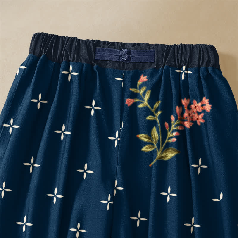Buddha Stones Pure Cotton Vintage Floral Geometric Pattern Frog Button Women's Elastic Waist Harem Pants With Pockets - image 2