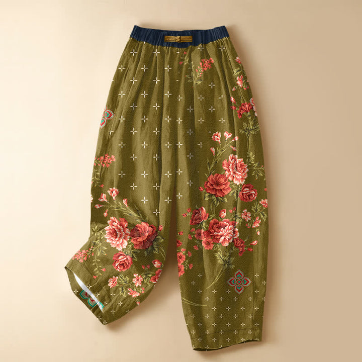 Buddha Stones Pure Cotton Vintage Floral Geometric Pattern Frog Button Women's Elastic Waist Harem Pants With Pockets - OliveDrab - US16，UK/AU20，EU48 (3XL) - image 5