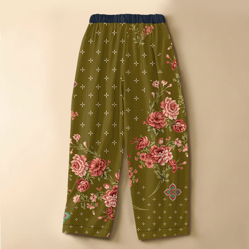 Buddha Stones Pure Cotton Vintage Floral Geometric Pattern Frog Button Women's Elastic Waist Harem Pants With Pockets - image 6