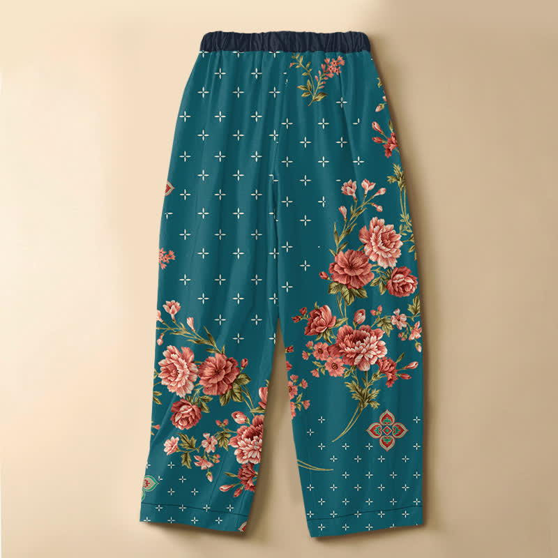Buddha Stones Pure Cotton Vintage Floral Geometric Pattern Frog Button Women's Elastic Waist Harem Pants With Pockets - image 8