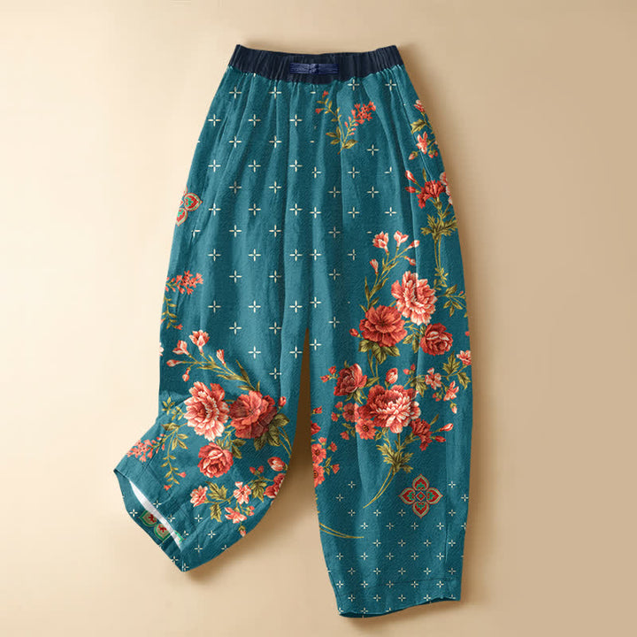 Buddha Stones Pure Cotton Vintage Floral Geometric Pattern Frog Button Women's Elastic Waist Harem Pants With Pockets - Teal - US16，UK/AU20，EU48 (3XL) - image 7