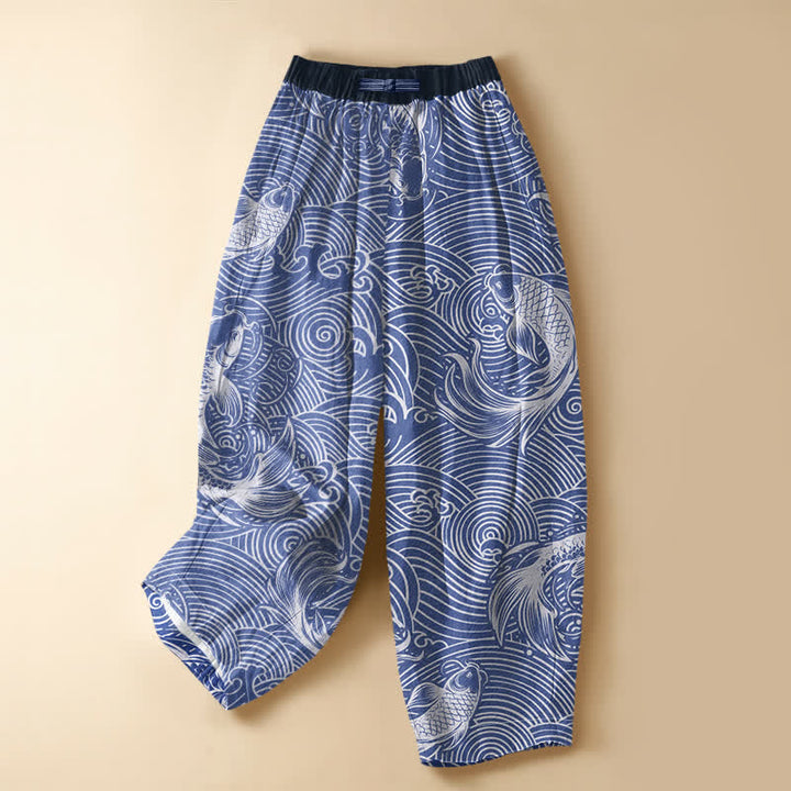 Buddha Stones Pure Cotton Ocean Wave Koi Fish Pattern Frog Button Women's Elastic Waist Harem Pants With Pockets - SteelBlue - US16，UK/AU20，EU48 (3XL) - image 0