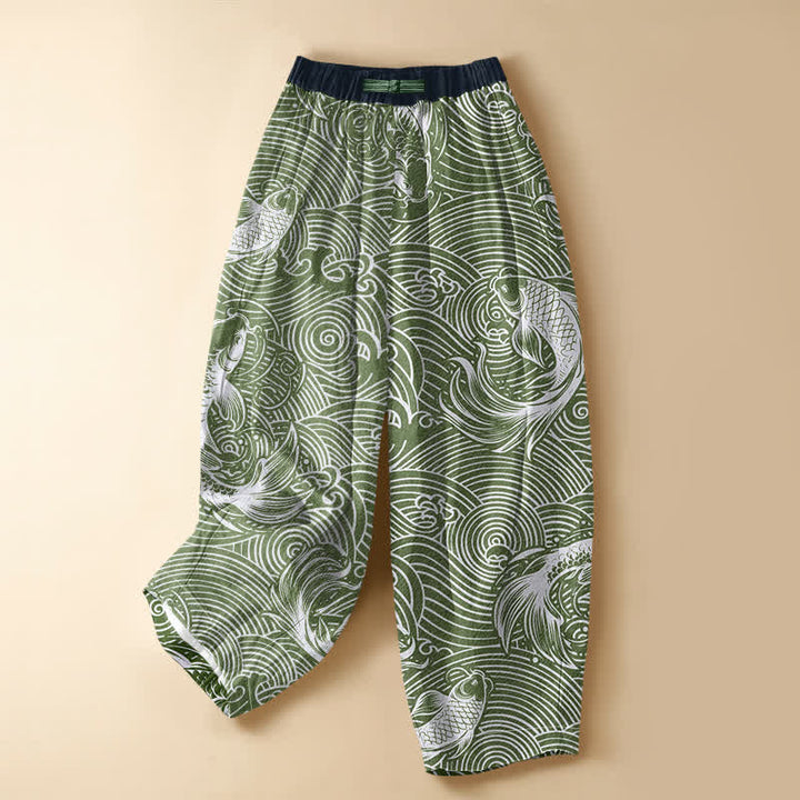 Buddha Stones Pure Cotton Ocean Wave Koi Fish Pattern Frog Button Women's Elastic Waist Harem Pants With Pockets - LightGreen - US16，UK/AU20，EU48 (3XL) - image 5