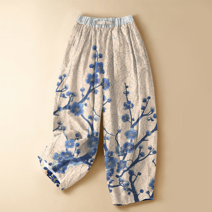 Buddha Stones Pure Cotton Plum Blossom Branch Pattern Frog Button Women's Elastic Waist Harem Pants With Pockets - PapayaWhip - US16，UK/AU20，EU48 (3XL) - image 5