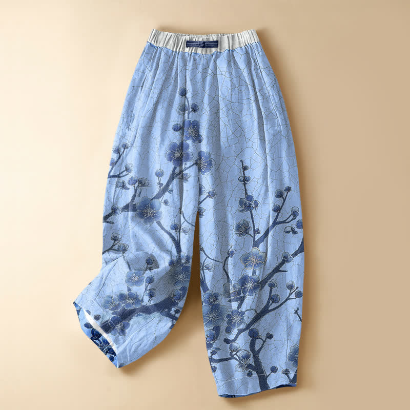 Buddha Stones Pure Cotton Plum Blossom Branch Pattern Frog Button Women's Elastic Waist Harem Pants With Pockets - LightSkyBlue - US16，UK/AU20，EU48 (3XL) - image 7