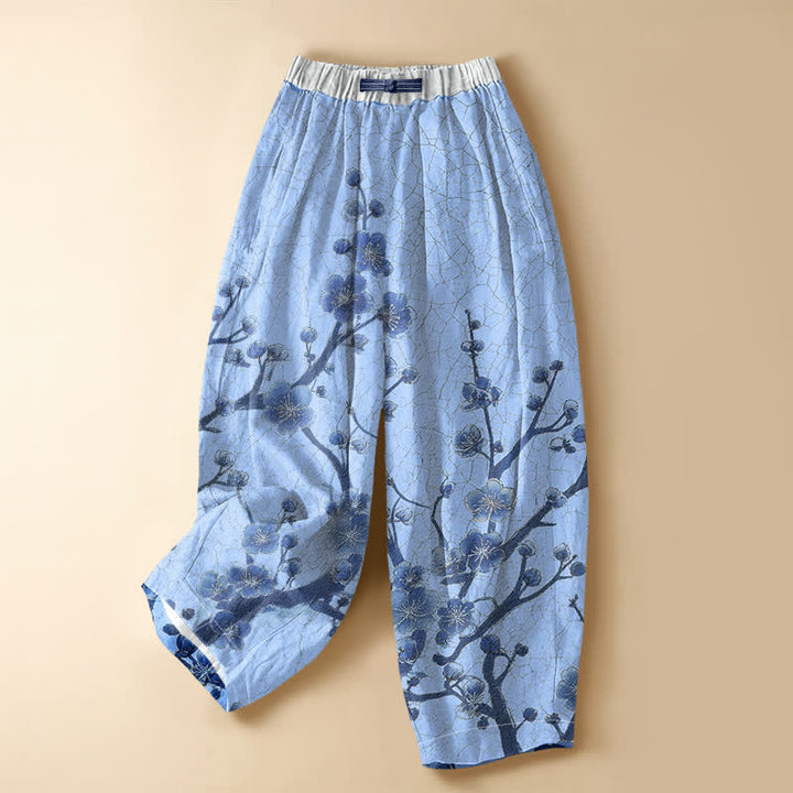 Buddha Stones Pure Cotton Plum Blossom Branch Pattern Frog Button Women's Elastic Waist Harem Pants With Pockets - LightSkyBlue - US16，UK/AU20，EU48 (3XL) - image 7