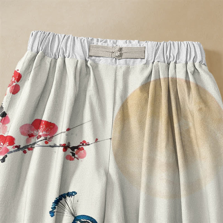 Buddha Stones Pure Cotton Oriental Peacock Plum Blossom Pattern Frog Button Women's Elastic Waist Harem Pants With Pockets - image 2