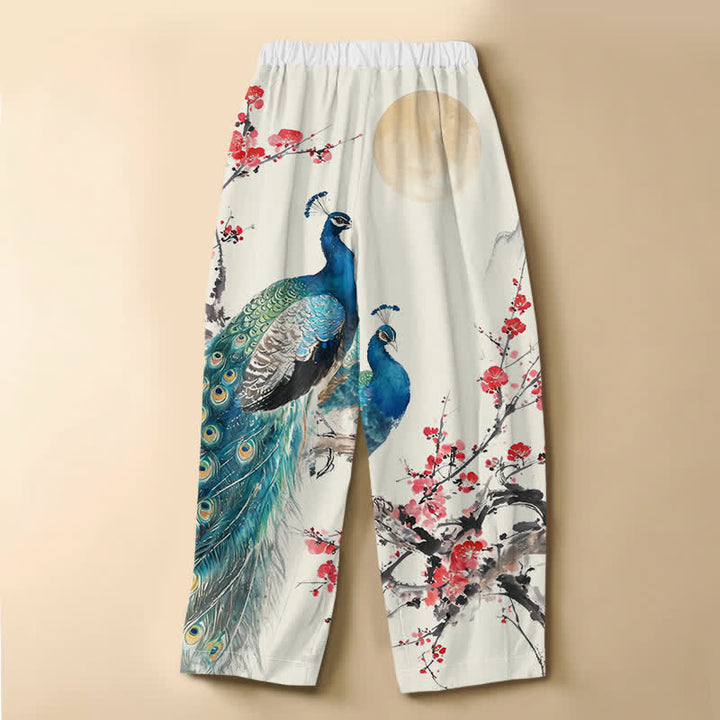 Buddha Stones Pure Cotton Oriental Peacock Plum Blossom Pattern Frog Button Women's Elastic Waist Harem Pants With Pockets - image 1