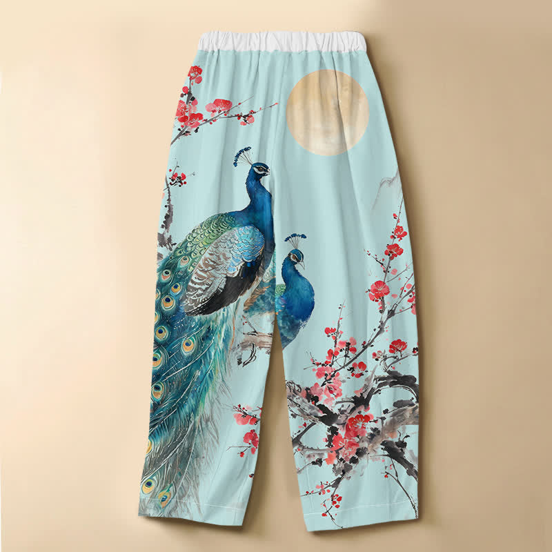 Buddha Stones Pure Cotton Oriental Peacock Plum Blossom Pattern Frog Button Women's Elastic Waist Harem Pants With Pockets - image 6