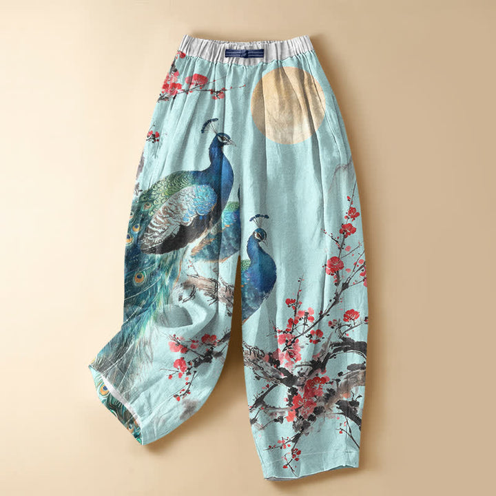 Buddha Stones Pure Cotton Oriental Peacock Plum Blossom Pattern Frog Button Women's Elastic Waist Harem Pants With Pockets - Cyan - US16，UK/AU20，EU48 (3XL) - image 5