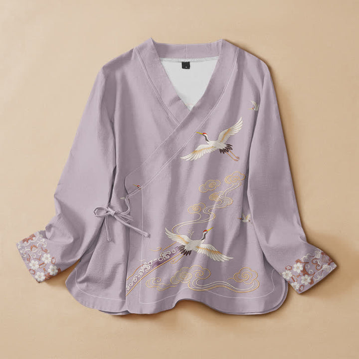 Buddha Stones Cotton Flying Crane Pattern Wrap V-Neck Lace-up Women's Long Sleeve Shirts Kimono - Thistle - US16，UK/AU20，EU48 (3XL) - image 0