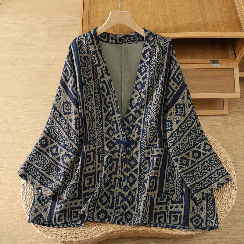 Buddha Stones Spring Casual Vintage Open Front Geometric Women's Kimono With Pocket - Tan - US4-14, UK/AU8-18, EU36-46 (F) - image 0