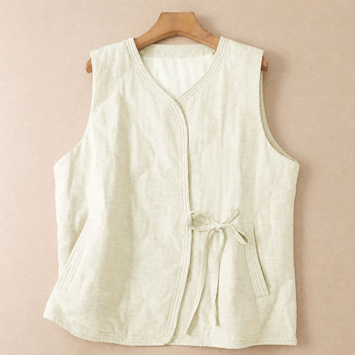 Buddha Stones Fall Winter Casual Minimalist Drawstring Beige Women's Vest Tank Top With Pockets - Beige - US8-10, UK/AU12-14, EU40-42 (2XL) - image 0
