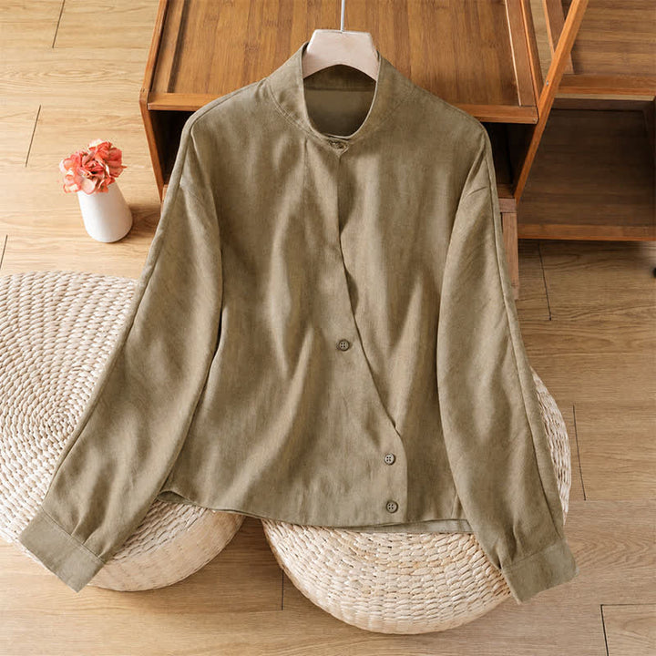 Buddha Stones Fall Casual Tang Style Mandarin Collar Buttons Solid Women's Long Sleeve Shirts - Tan - US8-10, UK/AU12-14, EU40-42 (2XL) - image 7