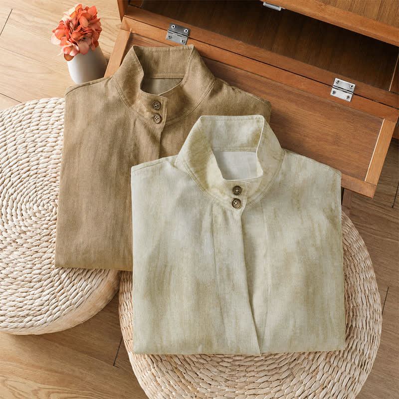 Buddha Stones Fall Casual Tang Style Mandarin Collar Buttons Solid Women's Long Sleeve Shirts - image 16