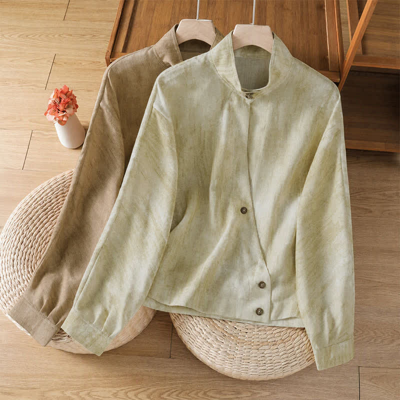 Buddha Stones Fall Casual Tang Style Mandarin Collar Buttons Solid Women's Long Sleeve Shirts - image 16