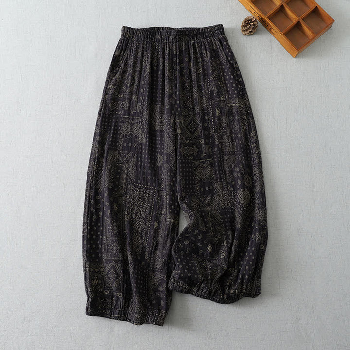 Buddha Stones Spring Summer Vintage Boho Floral Cropped Pants Women's Harem Pants With Pockets - Black - US8-10, UK/AU12-14, EU40-42 (2XL) - image 2