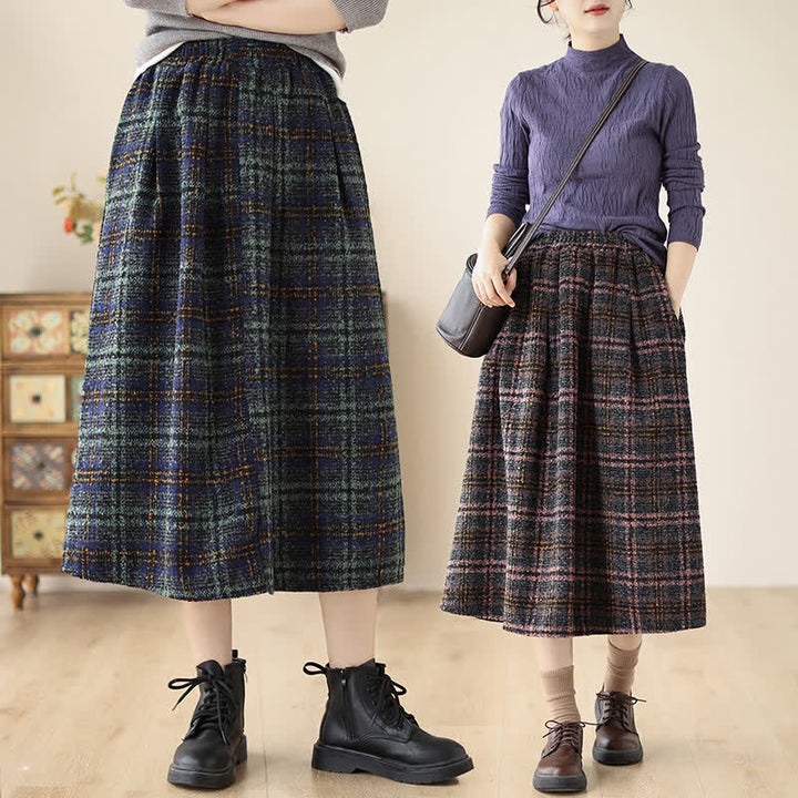 Buddha Stones Fall Winter Minimalist Classic Pleated Plaid Women's Skirt With Pockets - image 15