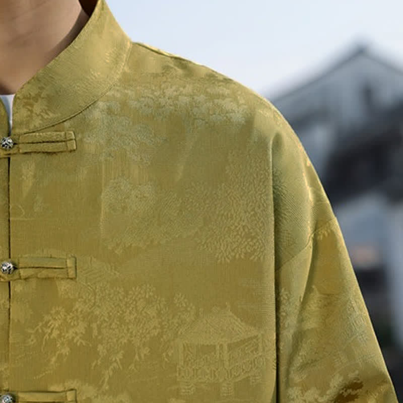 Buddha Stones Spring Fall Casual Tang Style Mandarin Collar Frog Button Landscape Pattern Men's Long Sleeve Shirts With Pockets - image 9