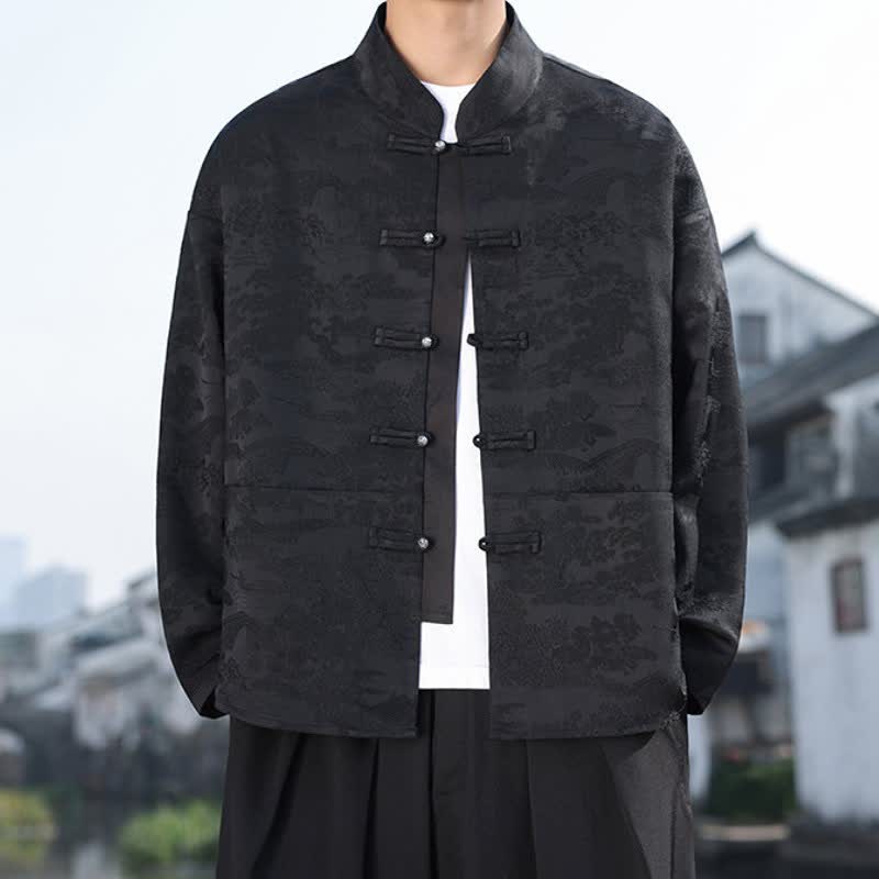 Buddha Stones Spring Fall Casual Tang Style Mandarin Collar Frog Button Landscape Pattern Men's Long Sleeve Shirts With Pockets - image 20