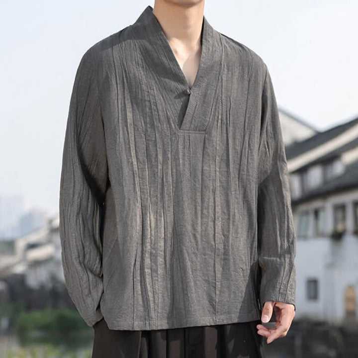 Buddha Stones Spring Fall Casual Tang Style V-Neck Solid Men's Long Sleeve Shirts - image 16