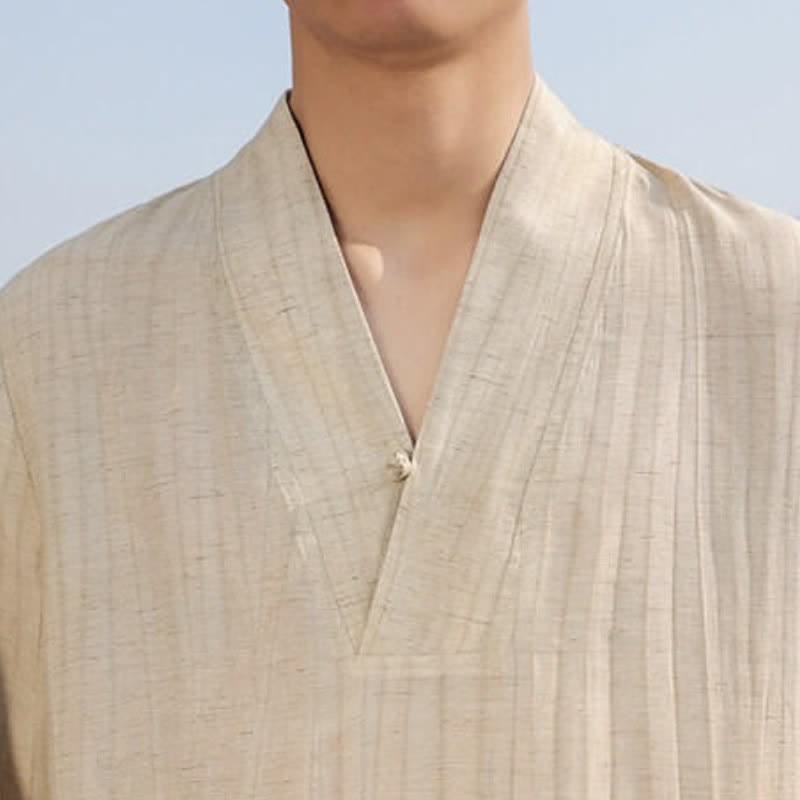 Buddha Stones Spring Fall Casual Tang Style V-Neck Solid Men's Long Sleeve Shirts - image 8