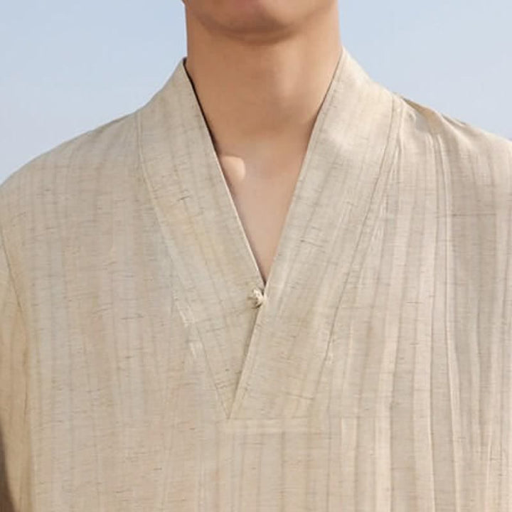 Buddha Stones Spring Fall Casual Tang Style V-Neck Solid Men's Long Sleeve Shirts - image 8