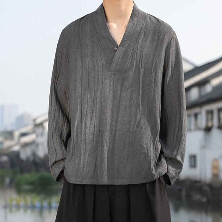 Buddha Stones Spring Fall Casual Tang Style V-Neck Solid Men's Long Sleeve Shirts - image 12